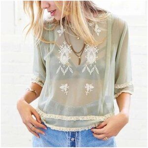 Staring at Stars Sage Green Sheer Lace Trim Embroidered Top, Size Medium